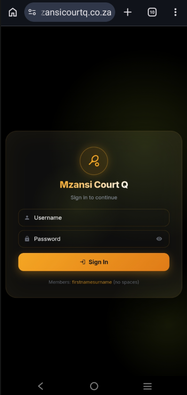 Chrome browser with the address bar showing www.mzansicourtq.co.za and the three-dots menu in the top-right