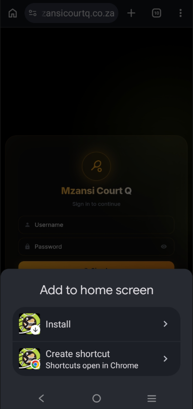 Add to home screen confirmation card showing Install and Create shortcut options